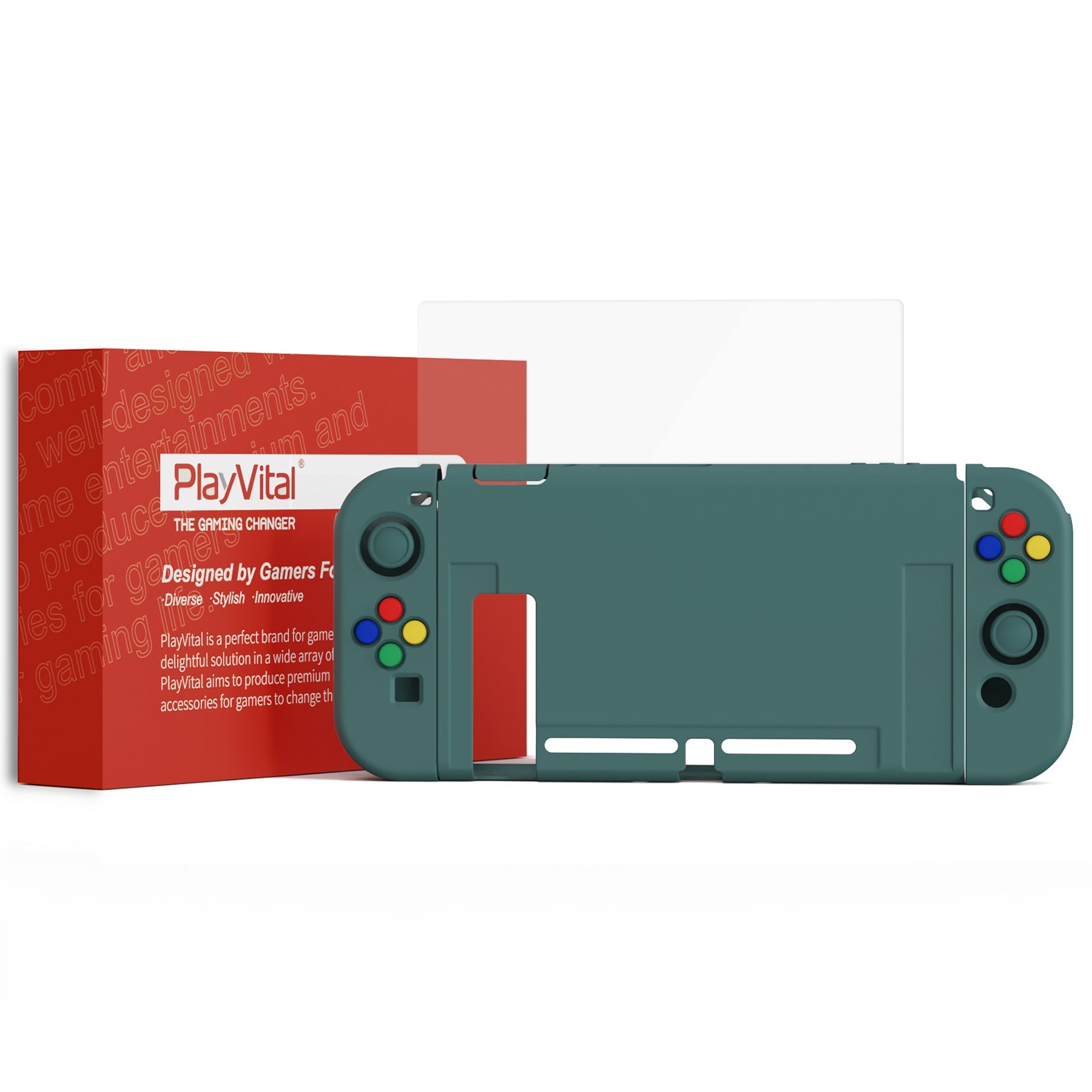 PlayVital ZealProtect Soft Protective Case for Nintendo Switch, Flexible Cover for Switch with Tempered Glass Screen Protector & Thumb Grips & ABXY Direction Button Caps - Hunter Green - RNSYM5008 playvital