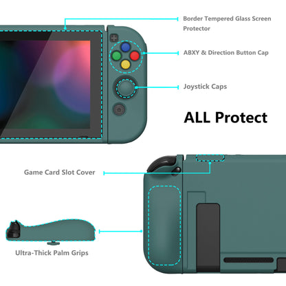 PlayVital ZealProtect Soft Protective Case for Nintendo Switch, Flexible Cover for Switch with Tempered Glass Screen Protector & Thumb Grips & ABXY Direction Button Caps - Hunter Green - RNSYM5008 playvital