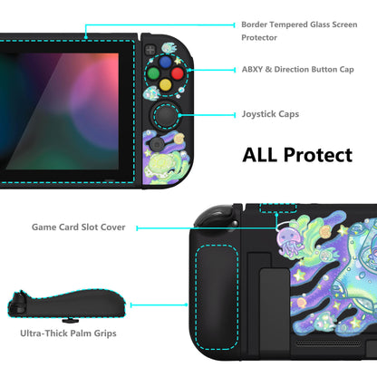 PlayVital ZealProtect Soft Protective Case for Nintendo Switch, Flexible Cover for Switch with Tempered Glass Screen Protector & Thumb Grips & ABXY Direction Button Caps - Shark Quest - RNSYV6039 playvital