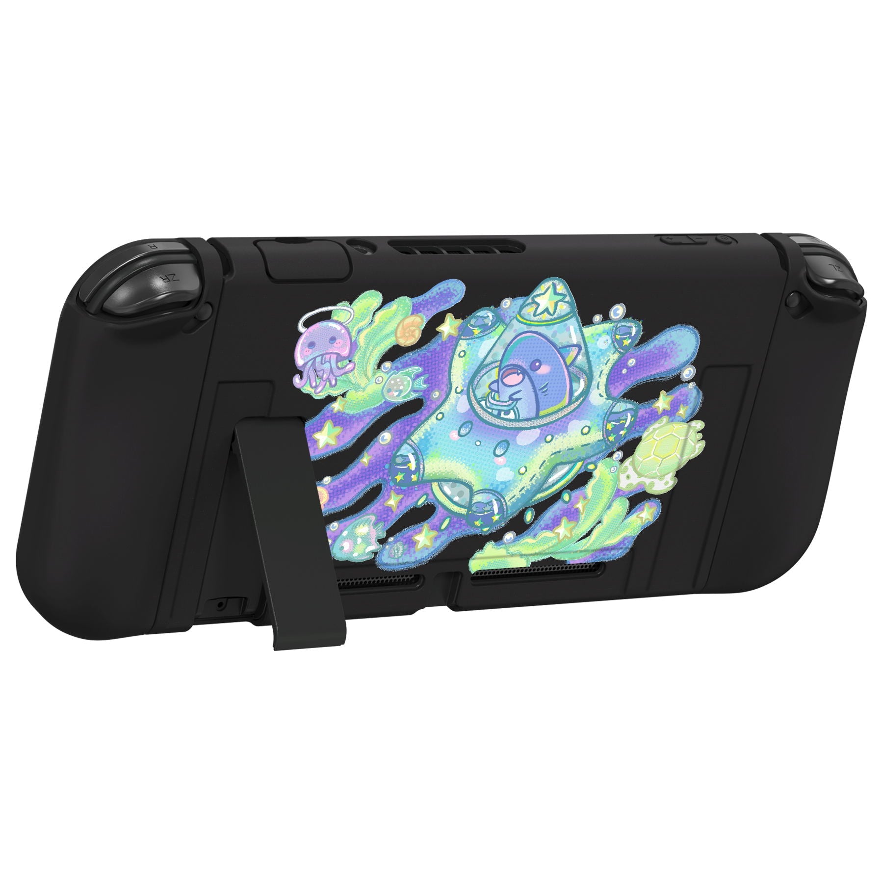 PlayVital ZealProtect Soft Protective Case for Nintendo Switch, Flexible Cover for Switch with Tempered Glass Screen Protector & Thumb Grips & ABXY Direction Button Caps - Shark Quest - RNSYV6039 playvital