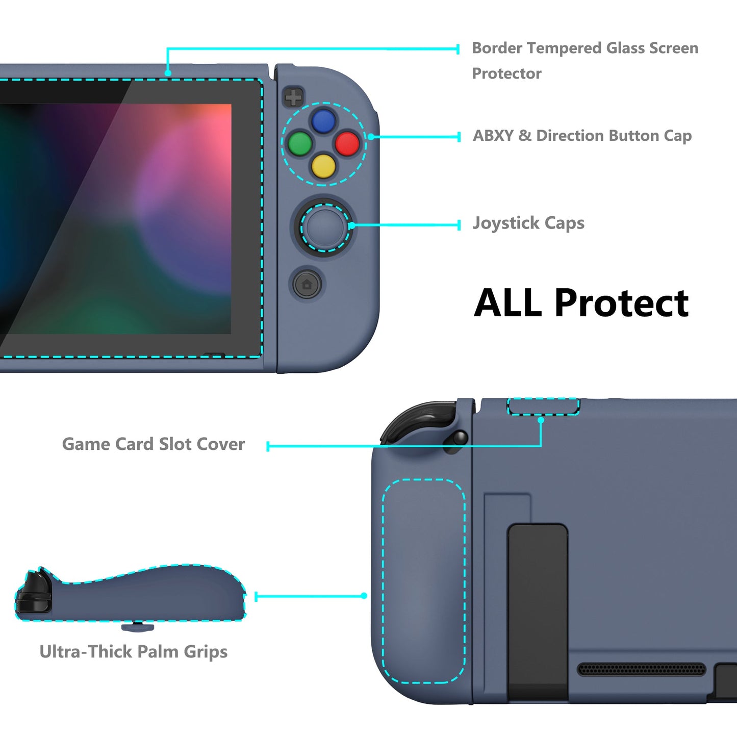 PlayVital ZealProtect Soft Protective Case for Nintendo Switch, Flexible Cover for Switch with Tempered Glass Screen Protector & Thumb Grips & ABXY Direction Button Caps - Slate Gray - RNSYM5011 playvital