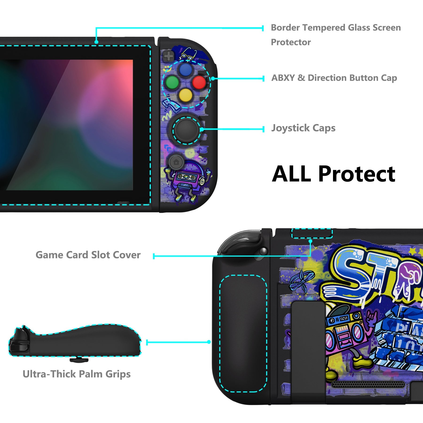 PlayVital ZealProtect Soft Protective Case for Nintendo Switch, Flexible Cover for Switch with Tempered Glass Screen Protector & Thumb Grips & ABXY Direction Button Caps - Street Art - RNSYV6050 playvital