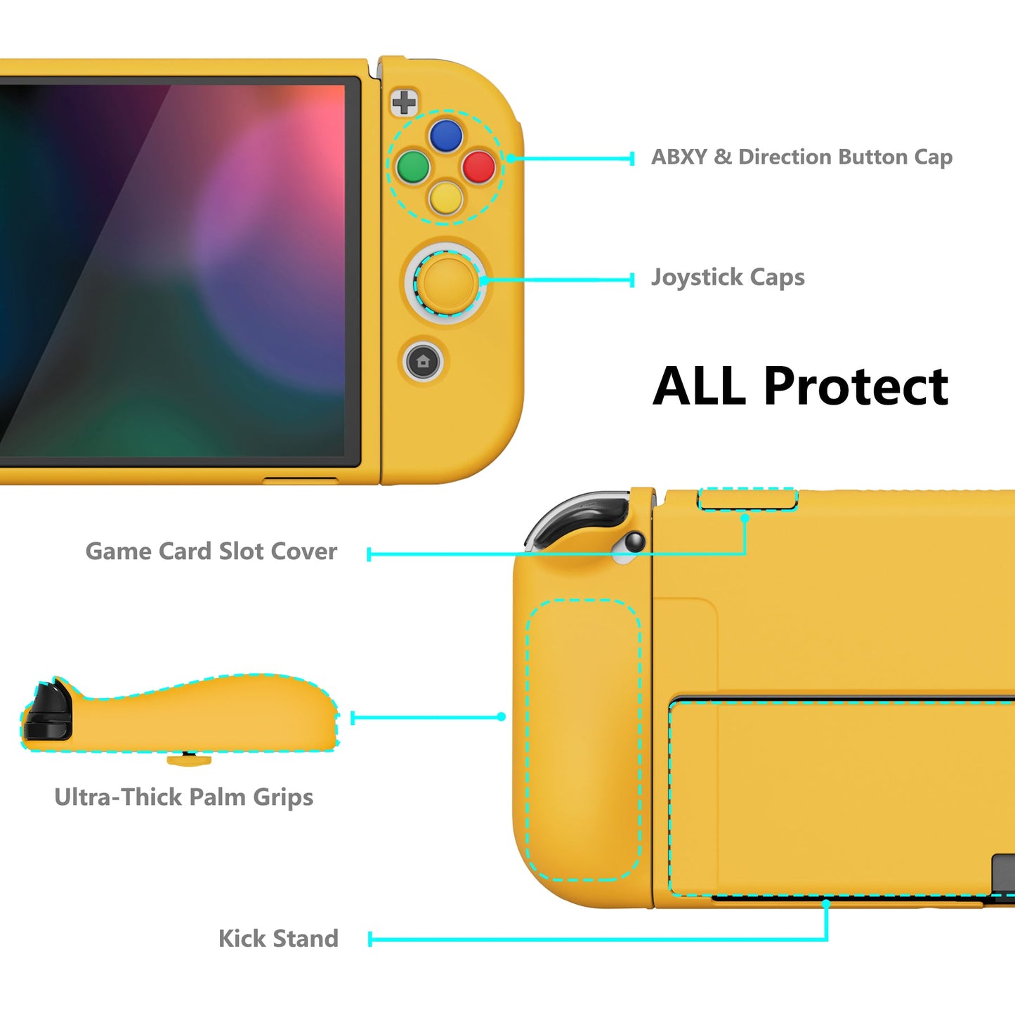 PlayVital ZealProtect Soft Protective Case for Switch OLED, Flexible Protector Joycon Grip Cover for Switch OLED with Thumb Grip Caps & ABXY Direction Button Caps - Bright Yellow - XSOYM5008 playvital