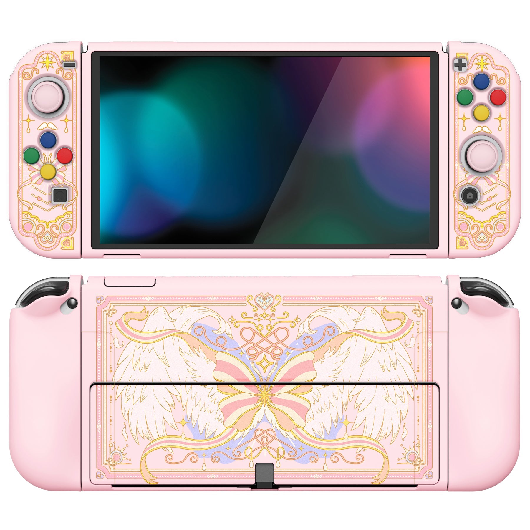 PlayVital ZealProtect Soft Protective Case for Switch OLED, Flexible Protector Grip Cover for Switch OLED with Thumb Grip Caps & ABXY Direction Button Caps - Magic Wings - XSOYV6046 playvital