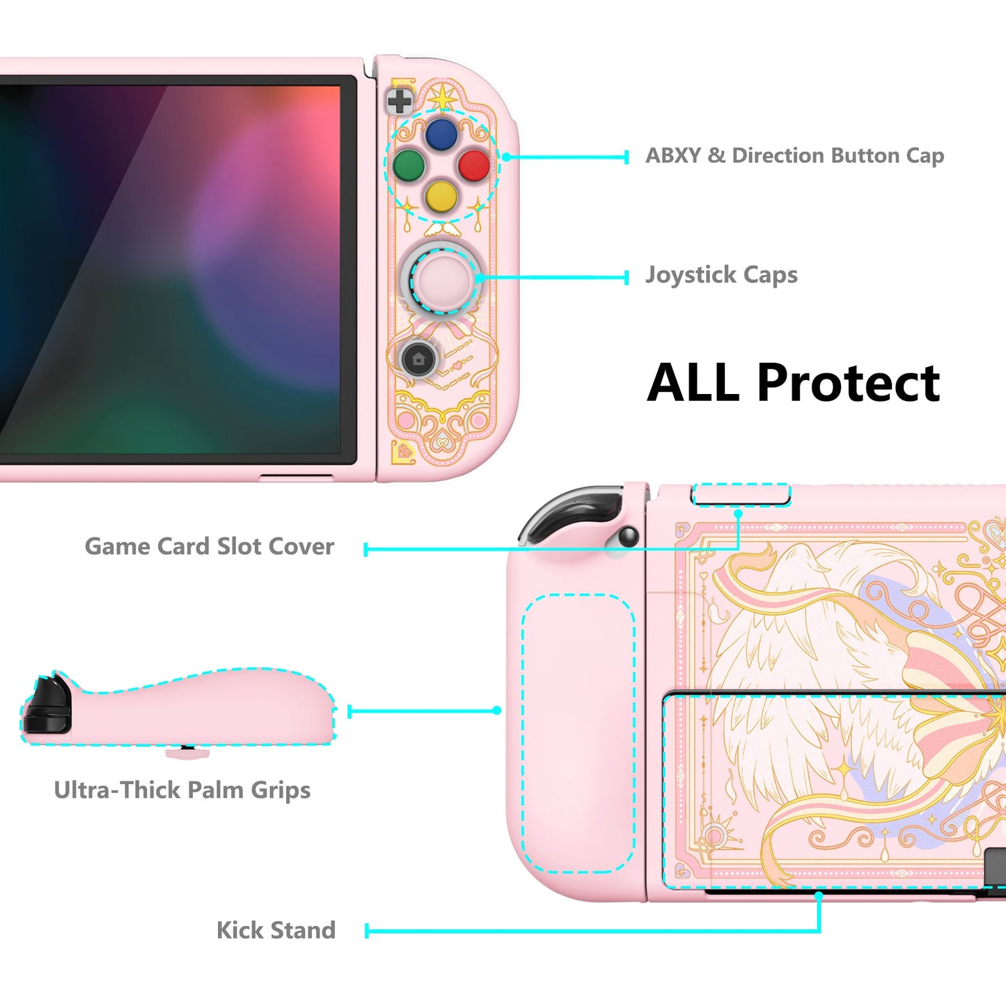 PlayVital ZealProtect Soft Protective Case for Switch OLED, Flexible Protector Grip Cover for Switch OLED with Thumb Grip Caps & ABXY Direction Button Caps - Magic Wings - XSOYV6046 playvital