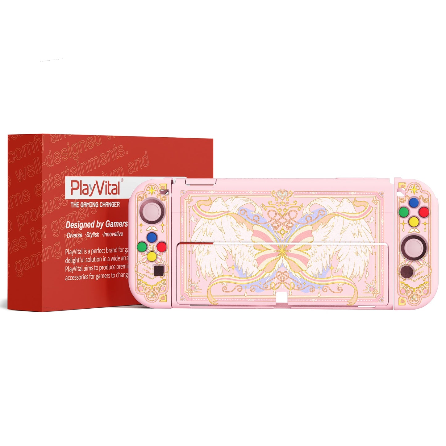 PlayVital ZealProtect Soft Protective Case for Switch OLED, Flexible Protector Grip Cover for Switch OLED with Thumb Grip Caps & ABXY Direction Button Caps - Magic Wings - XSOYV6046 playvital