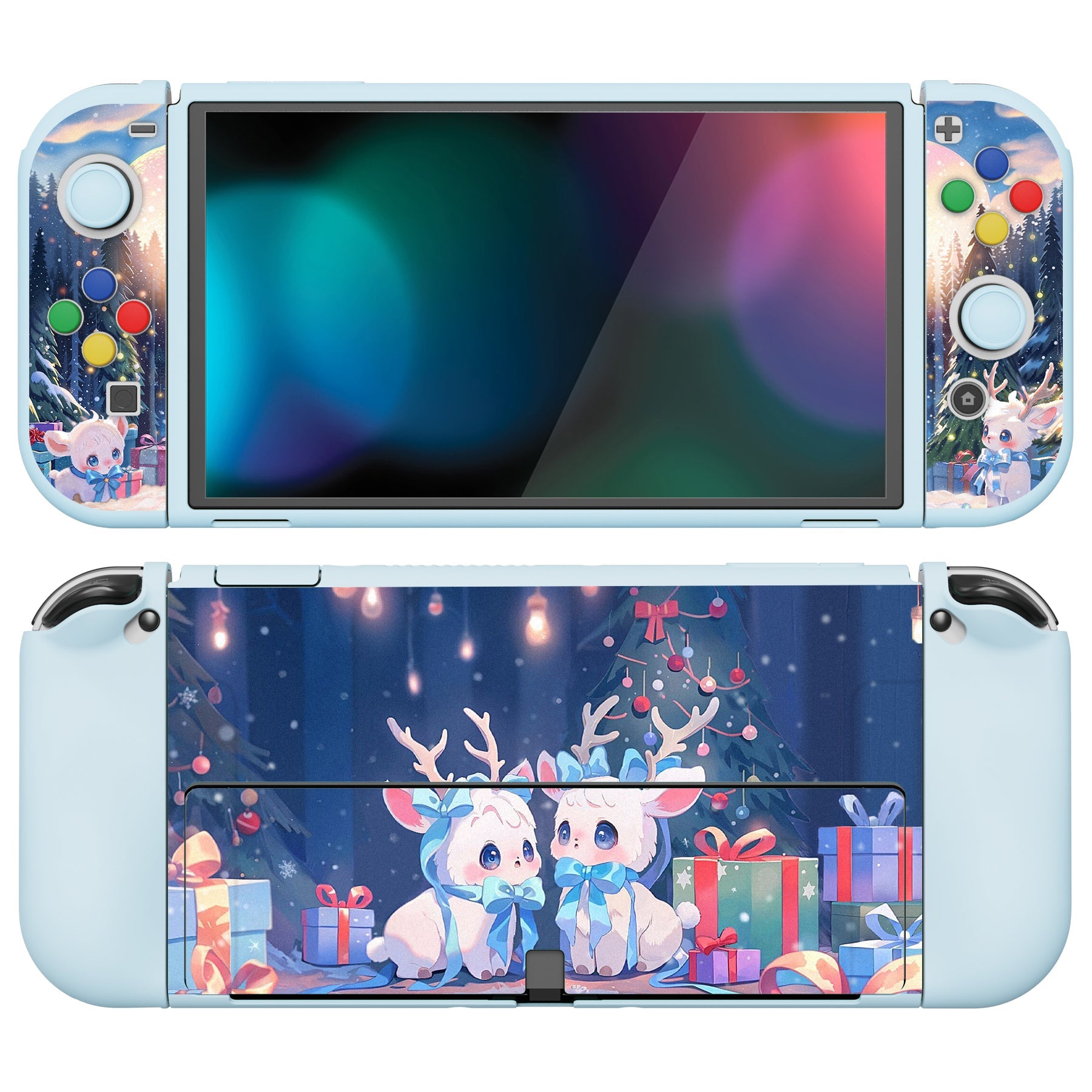 PlayVital ZealProtect Soft Protective Case for Switch OLED, Flexible Protector Grip Cover for Switch OLED with Thumb Grip Caps & ABXY Direction Button Caps - Santa Deer - XSOYV6044 playvital