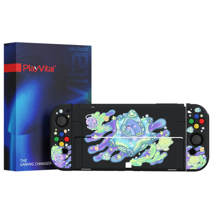 PlayVital ZealProtect Soft Protective Case for Switch OLED, Flexible Protector Joycon Grip Cover for Switch OLED with Thumb Grip Caps & ABXY Direction Button Caps - Shark Quest - XSOYV6030 playvital