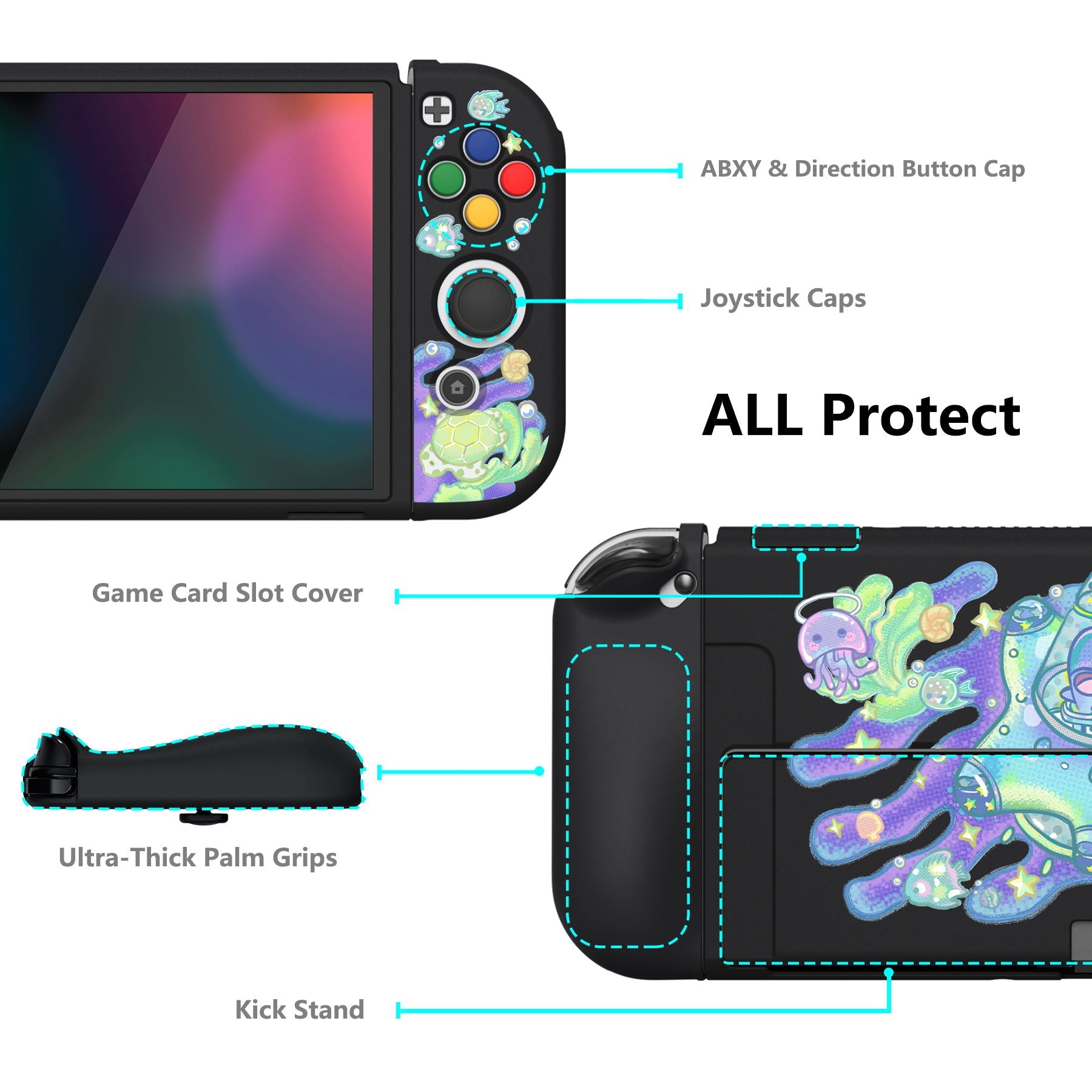 PlayVital ZealProtect Soft Protective Case for Switch OLED, Flexible Protector Joycon Grip Cover for Switch OLED with Thumb Grip Caps & ABXY Direction Button Caps - Shark Quest - XSOYV6030 playvital