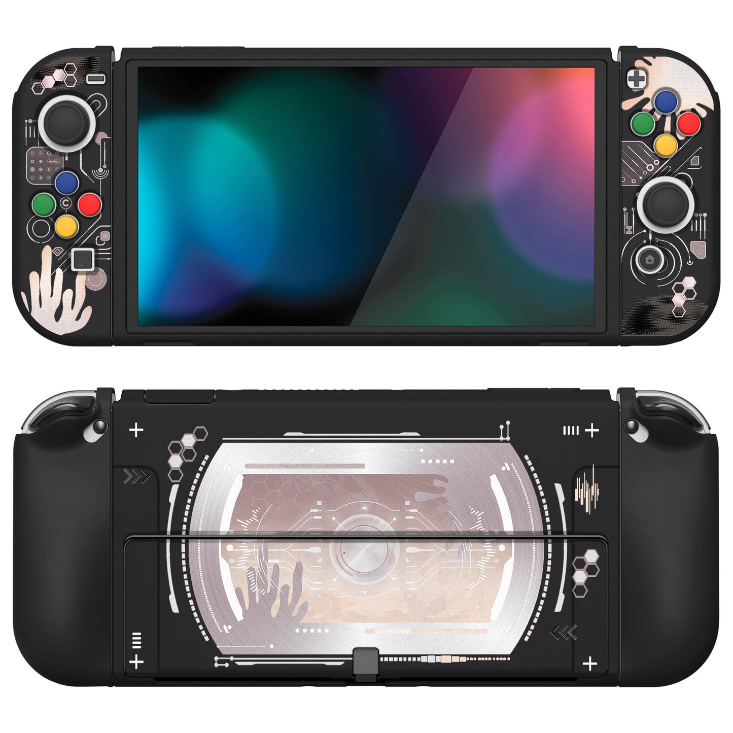 PlayVital ZealProtect Soft Protective Case for Switch OLED, Flexible Protector Grip Cover for Switch OLED with Thumb Grip Caps & ABXY Direction Button Caps - Silver Splatter - XSOYV6045 playvital