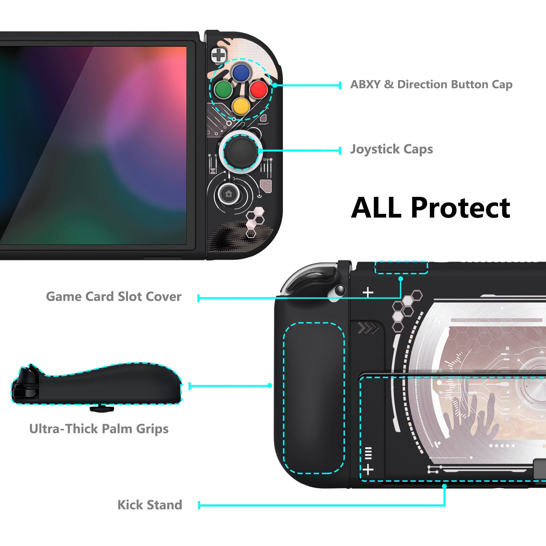 PlayVital ZealProtect Soft Protective Case for Switch OLED, Flexible Protector Grip Cover for Switch OLED with Thumb Grip Caps & ABXY Direction Button Caps - Silver Splatter - XSOYV6045 playvital