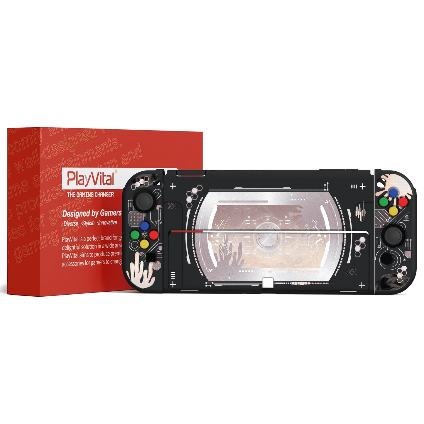 PlayVital ZealProtect Soft Protective Case for Switch OLED, Flexible Protector Grip Cover for Switch OLED with Thumb Grip Caps & ABXY Direction Button Caps - Silver Splatter - XSOYV6045 playvital