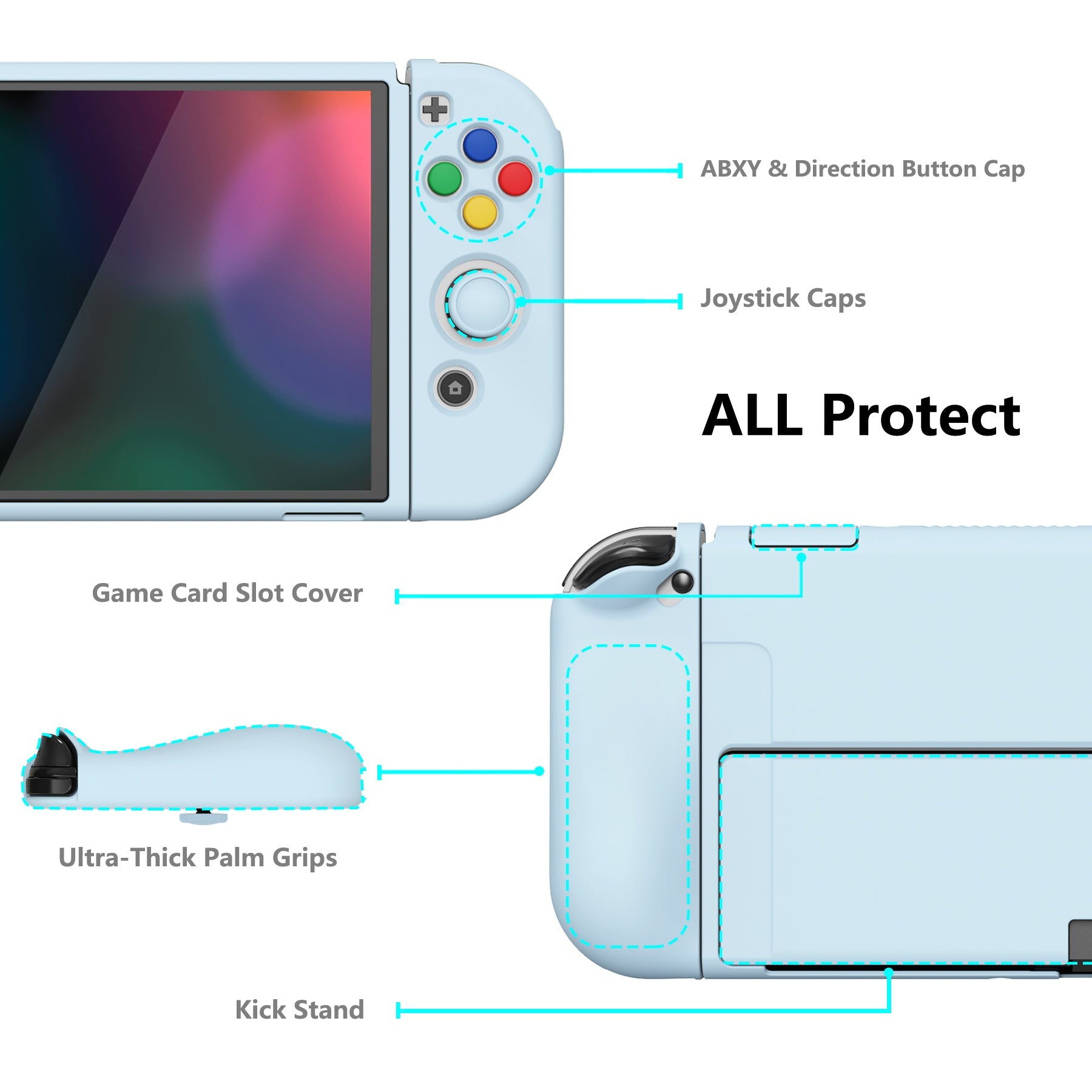 PlayVital ZealProtect Soft Protective Case for Switch OLED, Flexible Protector Joycon Grip Cover for Switch OLED with Thumb Grip Caps & ABXY Direction Button Caps - Sky Blue - XSOYM5009 playvital