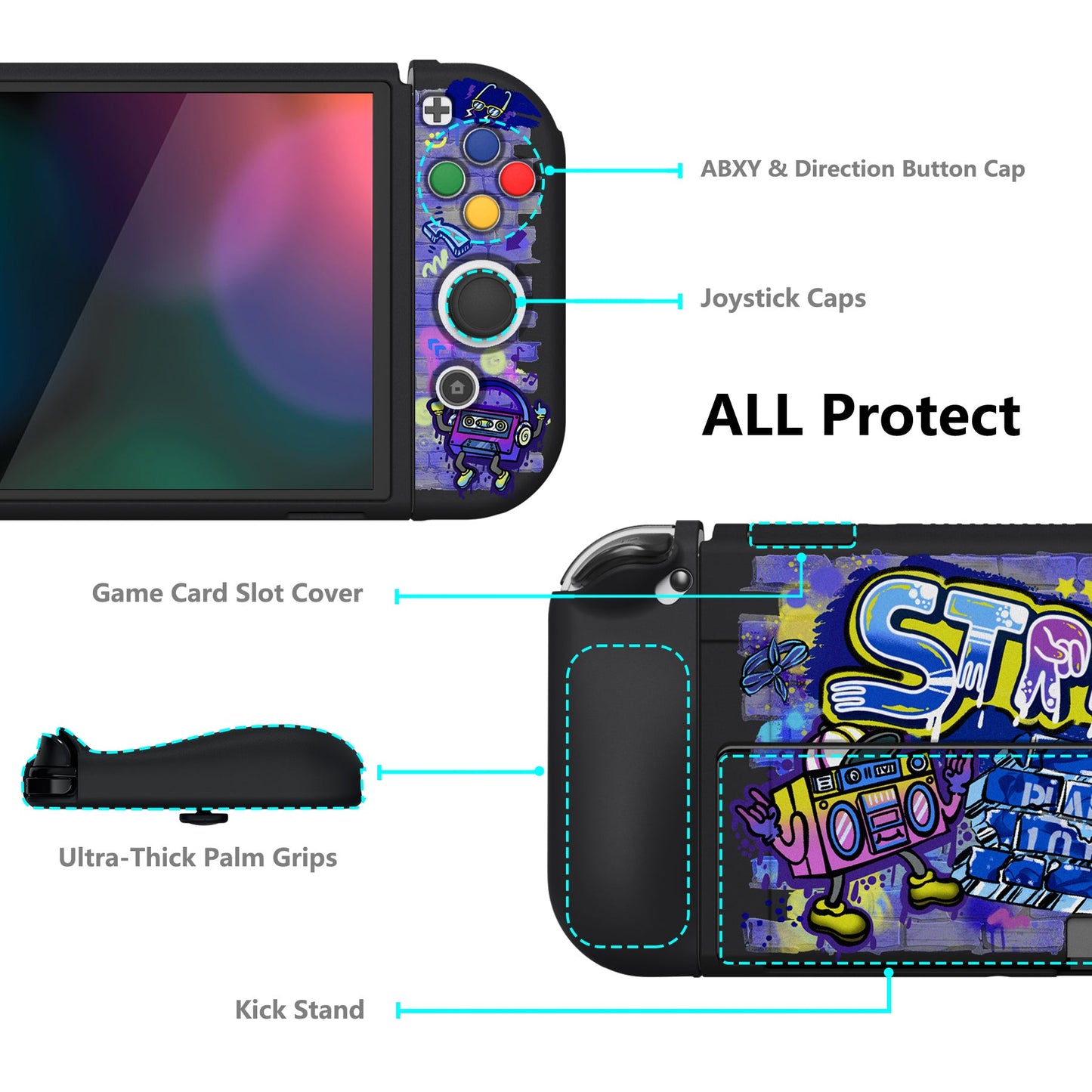 PlayVital ZealProtect Soft Protective Case for Switch OLED, Flexible Protector Joycon Grip Cover for Switch OLED with Thumb Grip Caps & ABXY Direction Button Caps - Street Art - XSOYV6041 playvital