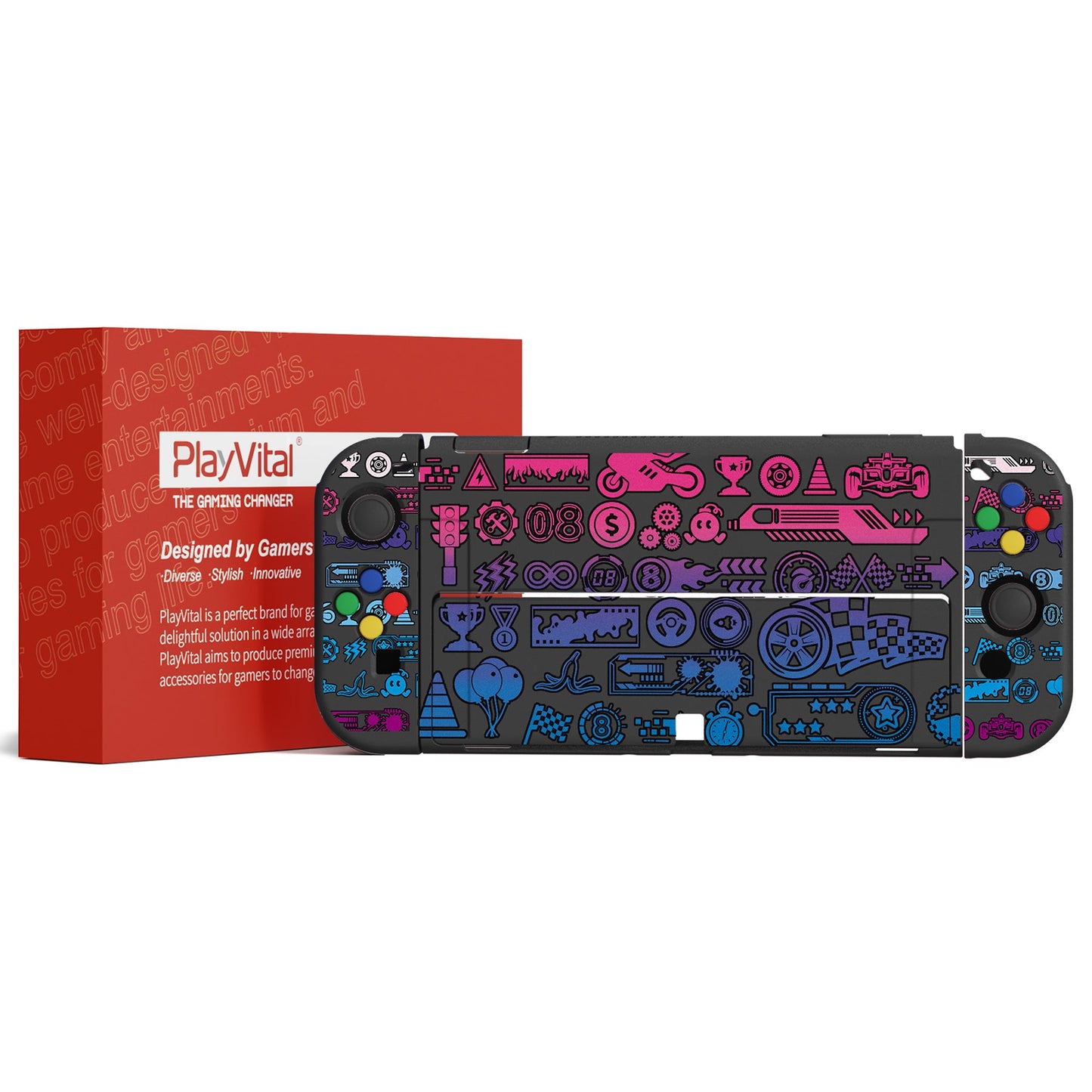 PlayVital ZealProtect Soft TPU Slim Protective Case with Thumb Grip Caps & ABXY Direction Button Caps for NS Switch OLED - Deluxe Championship - XSOYV6049 playvital