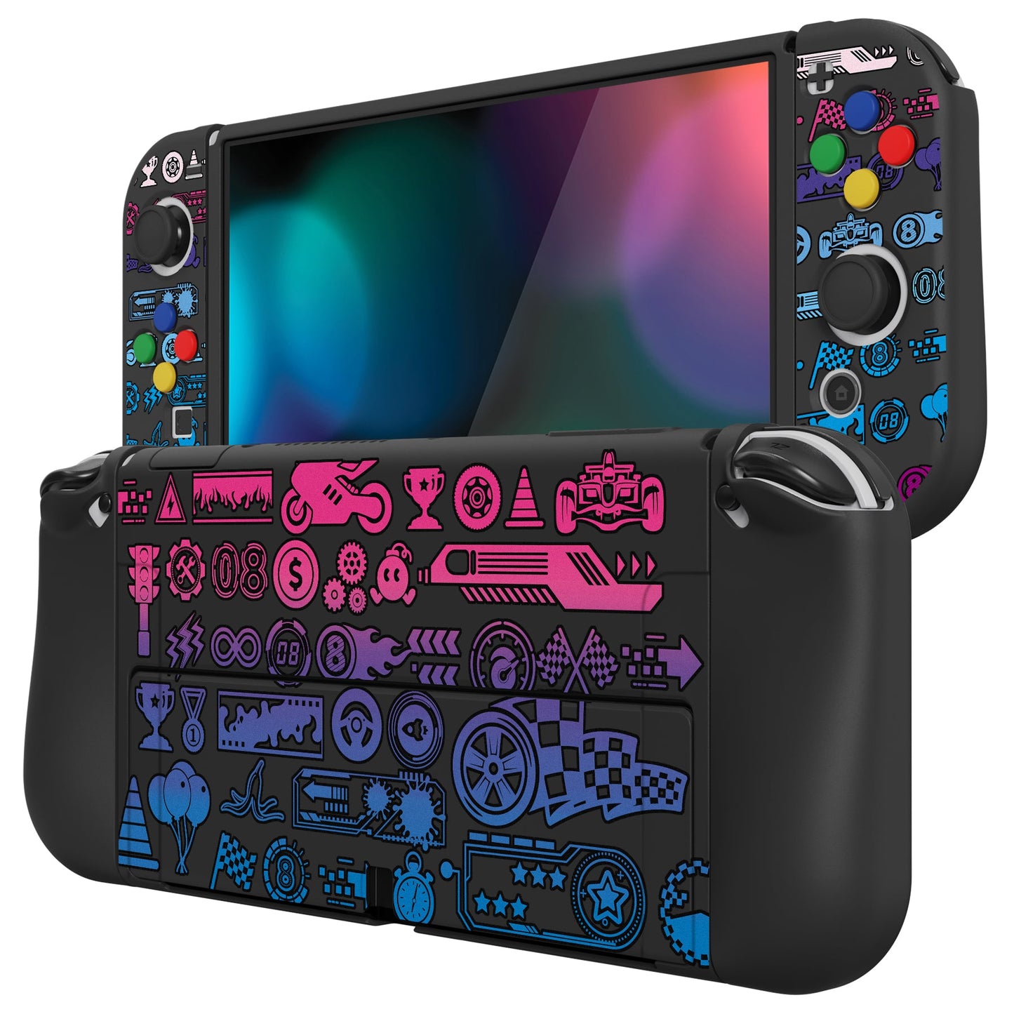 PlayVital ZealProtect Soft TPU Slim Protective Case with Thumb Grip Caps & ABXY Direction Button Caps for NS Switch OLED - Deluxe Championship - XSOYV6049 playvital