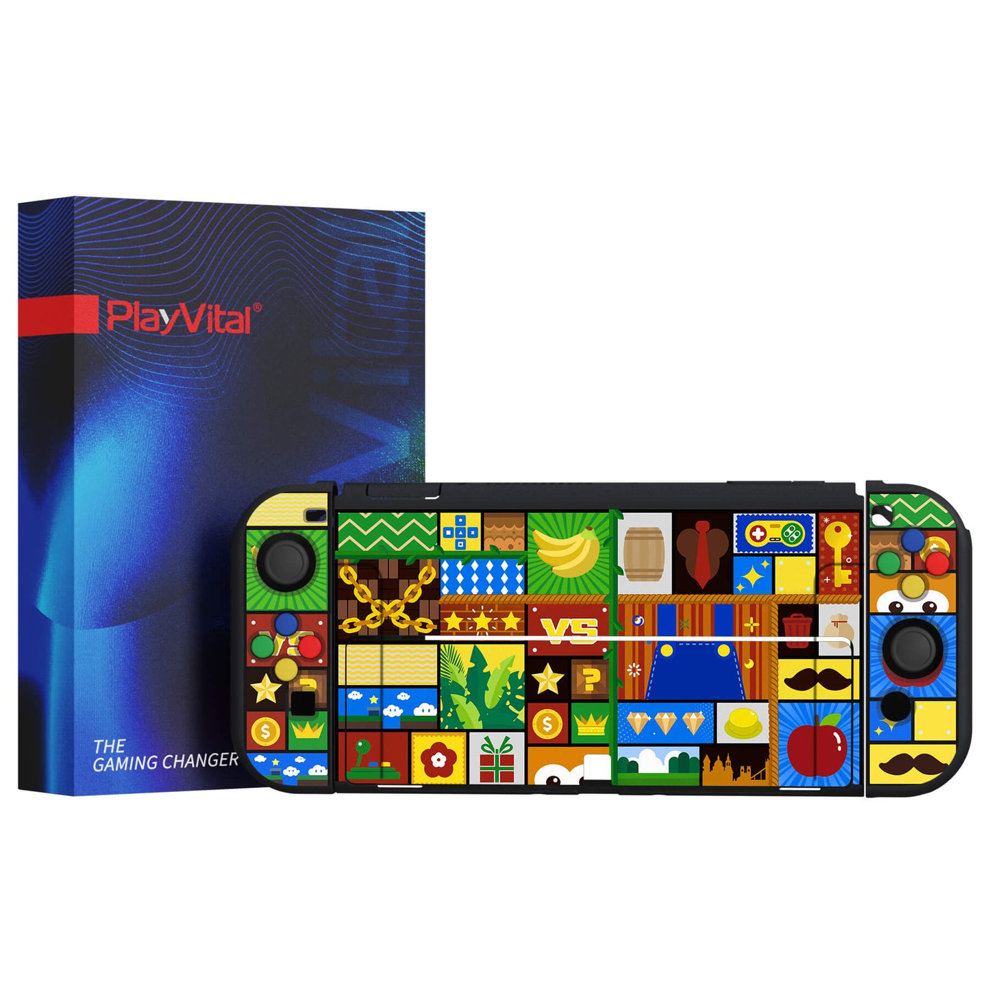 PlayVital ZealProtect Soft TPU Slim Protective Case with Thumb Grip Caps & ABXY Direction Button Caps for NS Switch OLED - Puzzle Adventure - XSOYV6048 playvital