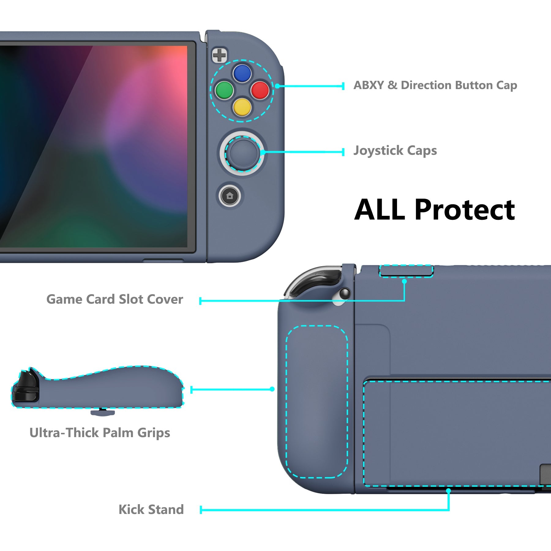 PlayVital ZealProtect Soft Protective Case for Switch OLED, Flexible Protector Joycon Grip Cover for Switch OLED with Thumb Grip Caps & ABXY Direction Button Caps - Slate Gray - XSOYM5011 playvital