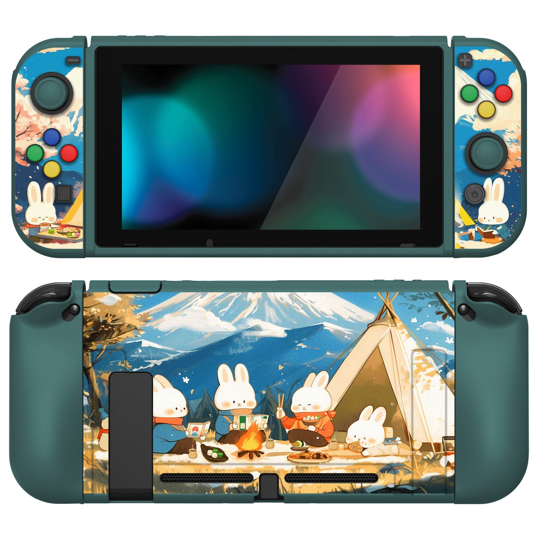 PlayVital ZealProtect Soft TPU Slim Protective Case with Tempered Glass Screen Protector & Thumb Grips & ABXY Direction Button Caps for NS Switch - Camping Bunnies - RNSYV6058 playvital