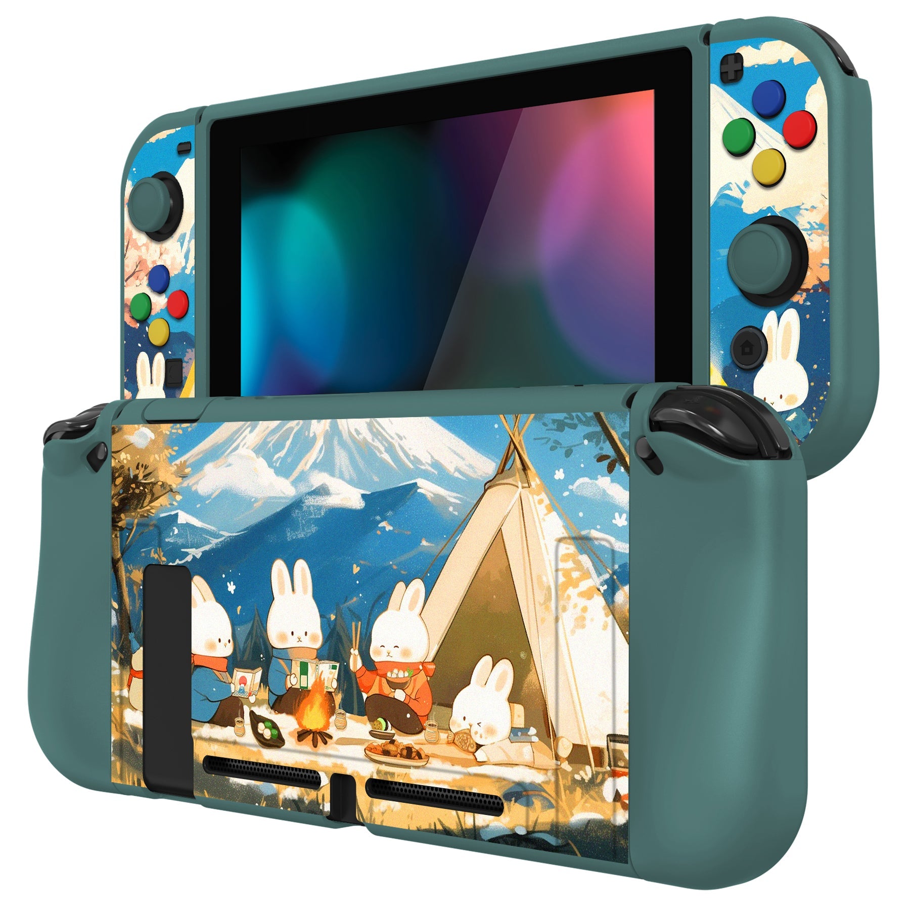 PlayVital ZealProtect Soft TPU Slim Protective Case with Tempered Glass Screen Protector & Thumb Grips & ABXY Direction Button Caps for NS Switch - Camping Bunnies - RNSYV6058 playvital