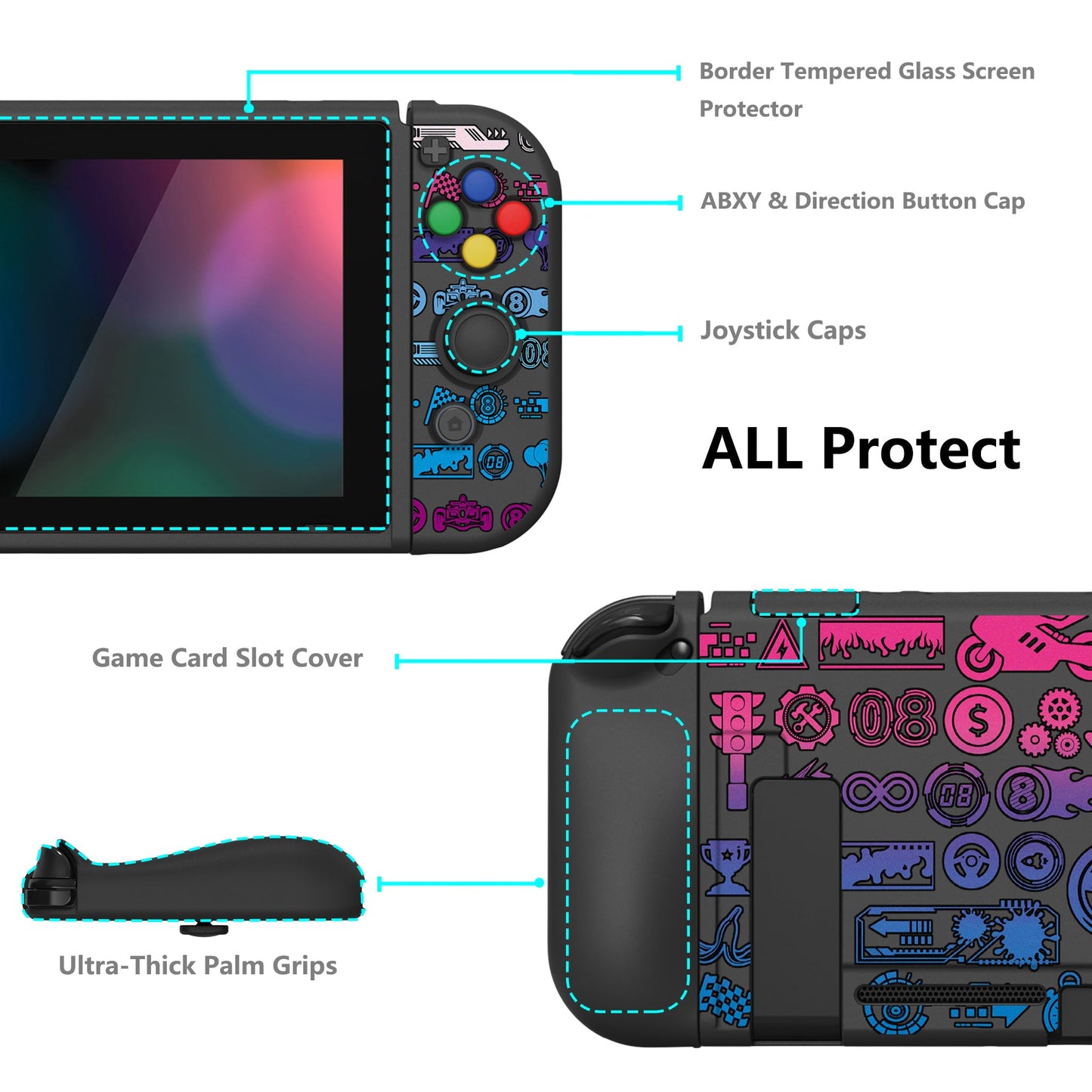 PlayVital ZealProtect Soft TPU Slim Protective Case with Tempered Glass Screen Protector & Thumb Grips & ABXY Direction Button Caps for NS Switch - Deluxe Championship - RNSYV6055 playvital