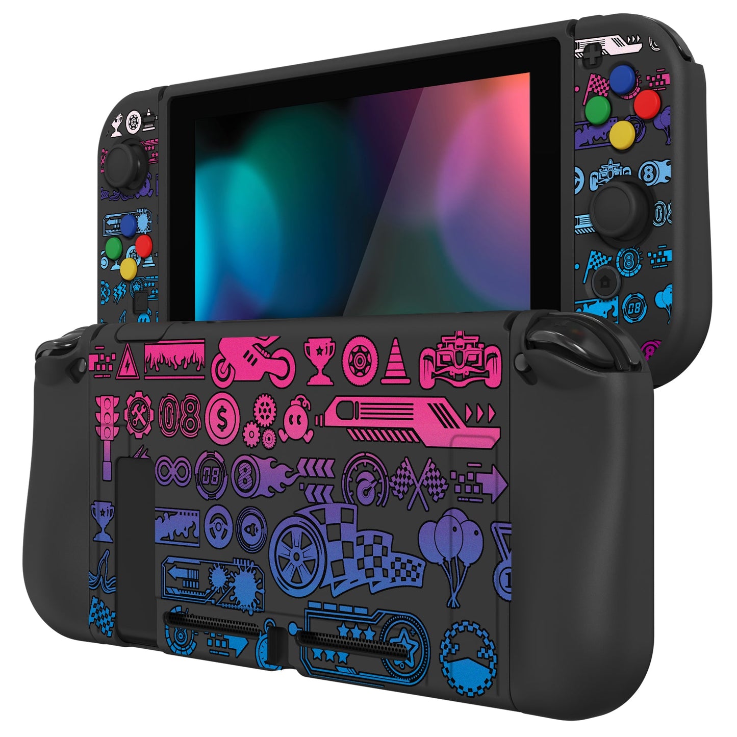 PlayVital ZealProtect Soft TPU Slim Protective Case with Tempered Glass Screen Protector & Thumb Grips & ABXY Direction Button Caps for NS Switch - Deluxe Championship - RNSYV6055 playvital