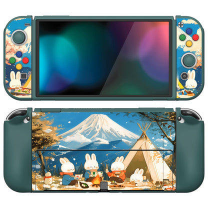 PlayVital ZealProtect Soft TPU Slim Protective Case with Thumb Grip Caps & ABXY Direction Button Caps for NS Switch OLED - Camping Bunnies - XSOYV6052 playvital