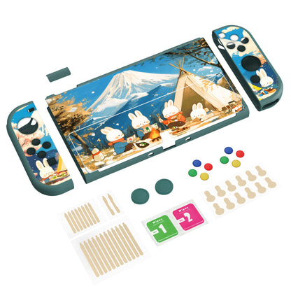 PlayVital ZealProtect Soft TPU Slim Protective Case with Thumb Grip Caps & ABXY Direction Button Caps for NS Switch OLED - Camping Bunnies - XSOYV6052 playvital