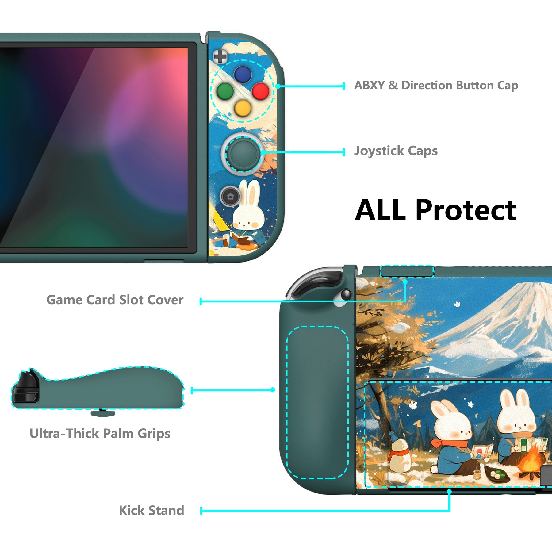 PlayVital ZealProtect Soft TPU Slim Protective Case with Thumb Grip Caps & ABXY Direction Button Caps for NS Switch OLED - Camping Bunnies - XSOYV6052 playvital