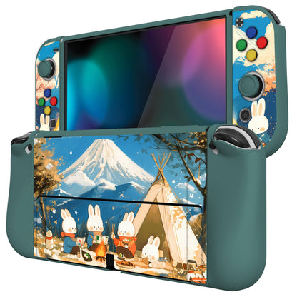 PlayVital ZealProtect Soft TPU Slim Protective Case with Thumb Grip Caps & ABXY Direction Button Caps for NS Switch OLED - Camping Bunnies - XSOYV6052 playvital