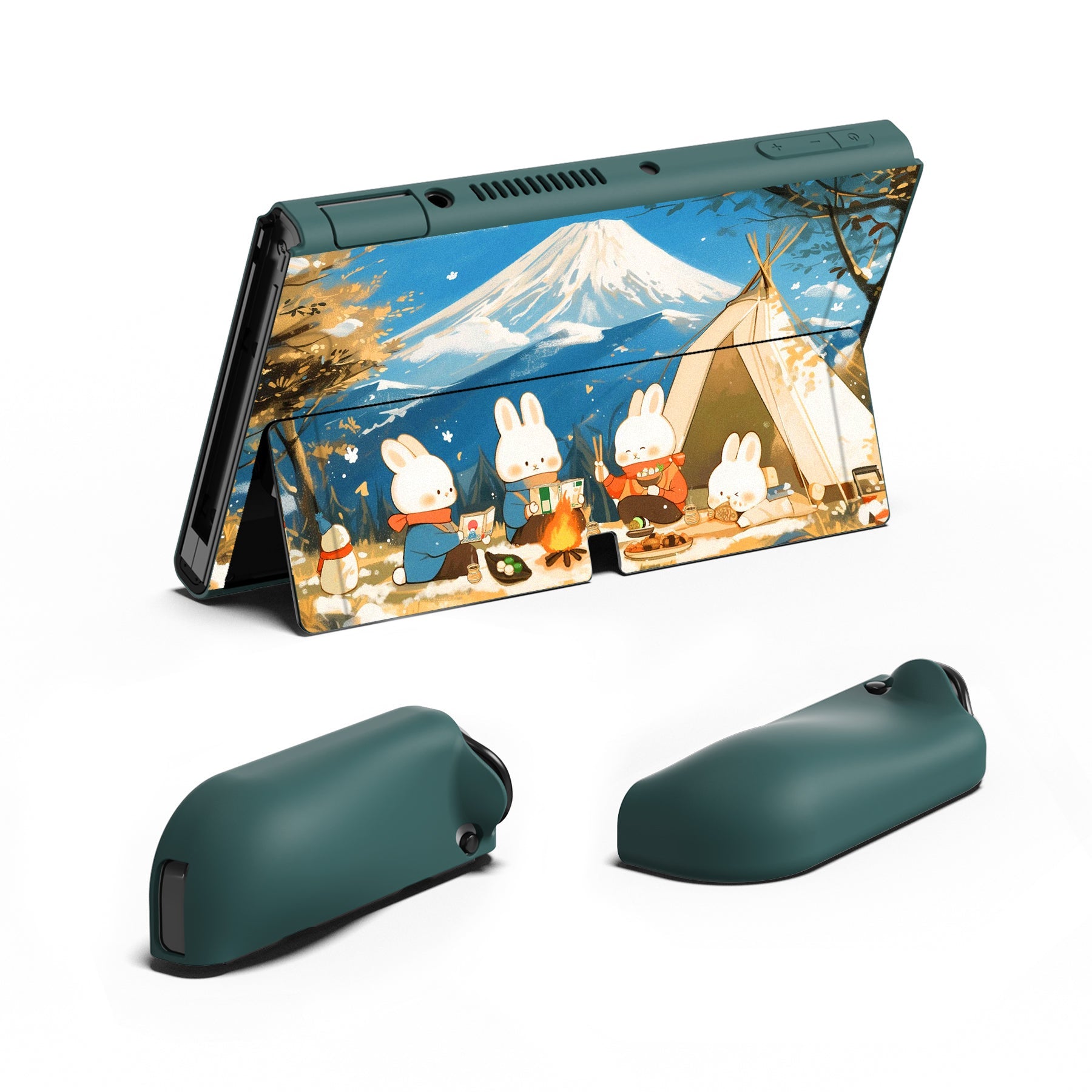 PlayVital ZealProtect Soft TPU Slim Protective Case with Thumb Grip Caps & ABXY Direction Button Caps for NS Switch OLED - Camping Bunnies - XSOYV6052 playvital