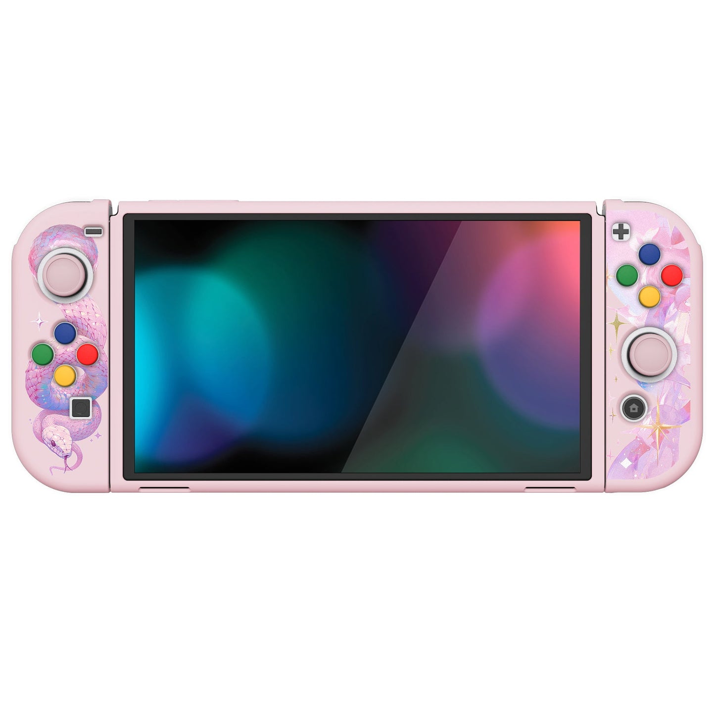 PlayVital ZealProtect Soft TPU Slim Protective Case with Thumb Grip Caps & ABXY Direction Button Caps for NS Switch OLED - Celestial Serpent's Embrace - XSOYV6051 playvital