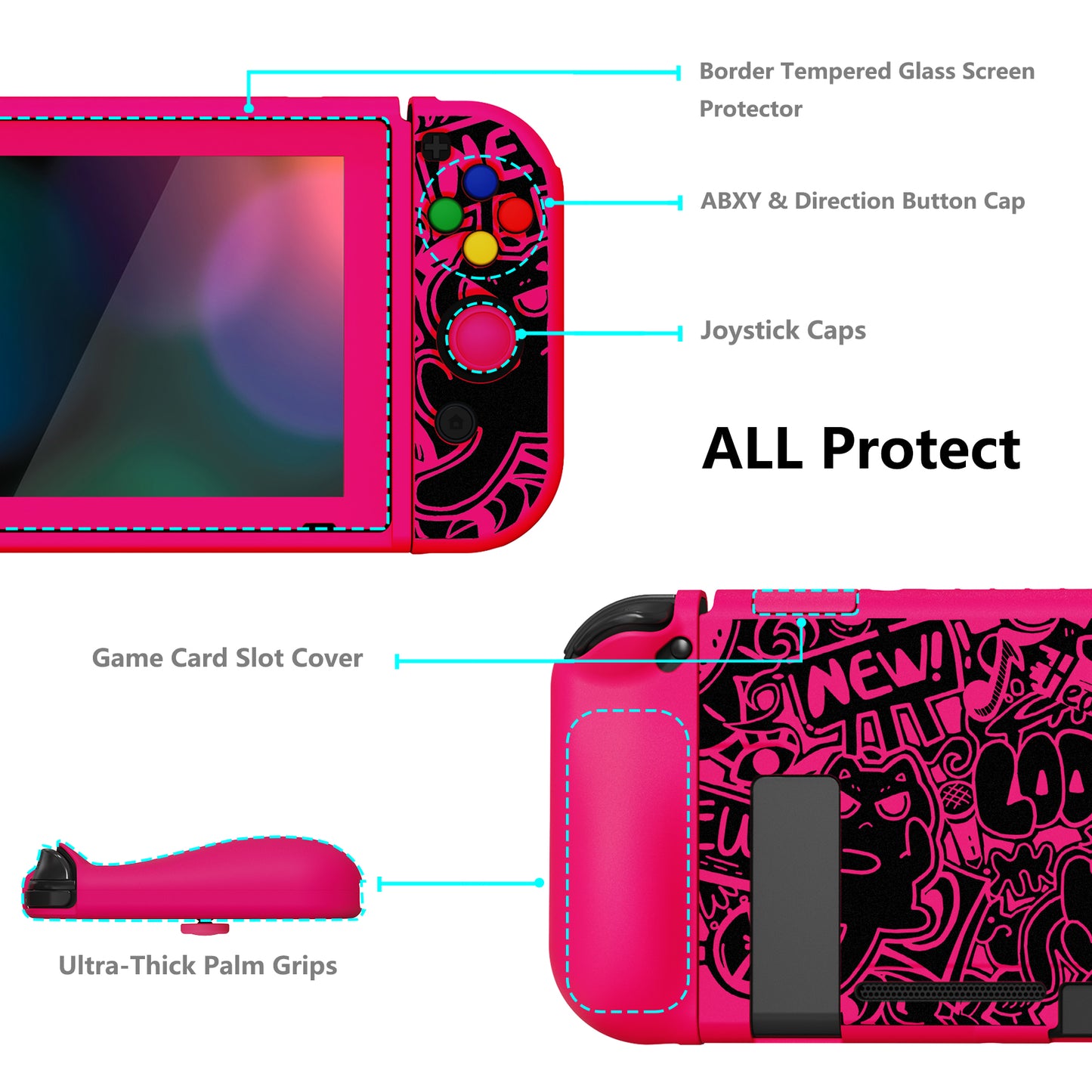 PlayVital ZealProtect ソフト TPU スリム保護ケース、強化ガラススクリーンプロテクター、サムグリップ、ABXY 方向ボタンキャップ付き NS Switch 用【VV & 濃いピンク】