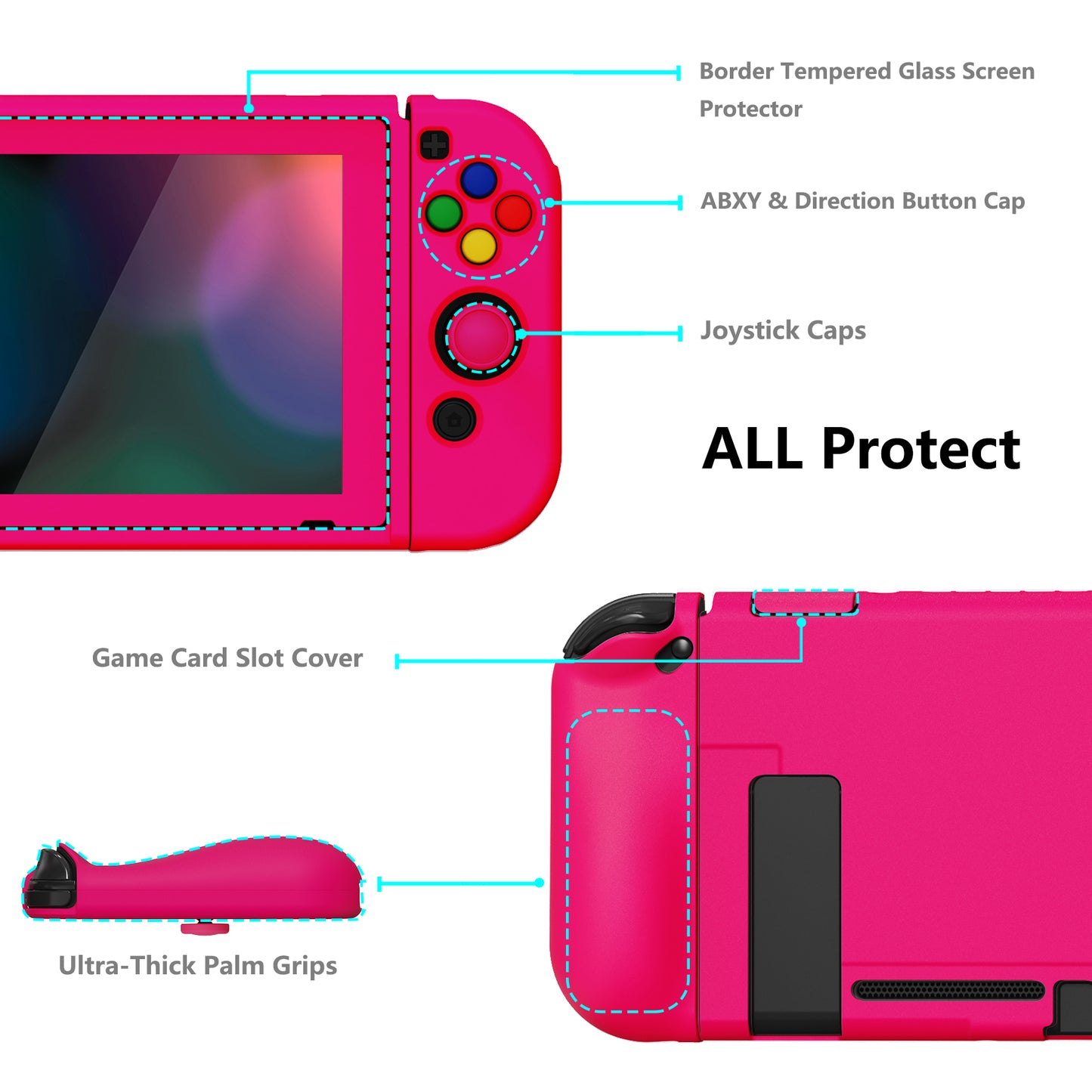 PlayVital ZealProtect ソフト TPU スリム保護ケース、強化ガラススクリーンプロテクター、サムグリップ、ABXY 方向ボタンキャップ付き NS Switch 用【濃いピンク】