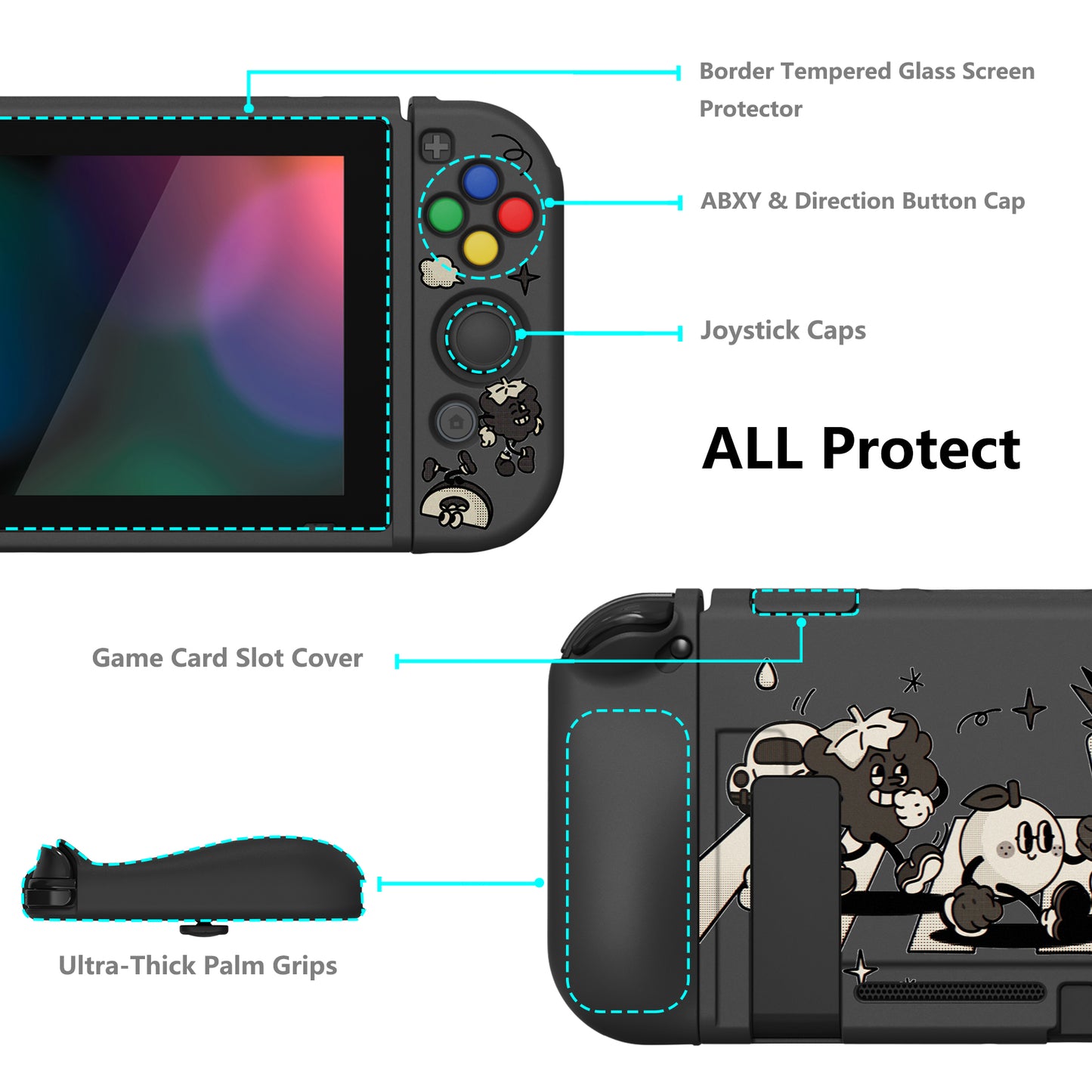 PlayVital ZealProtect ソフト TPU スリム保護ケース、強化ガラススクリーンプロテクター、サムグリップ、ABXY 方向ボタンキャップ付き NS Switch 用【フルーツロード】