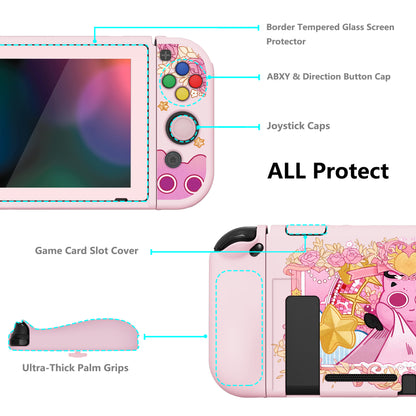 PlayVital ZealProtect ソフト TPU スリム保護ケース、強化ガラススクリーンプロテクター、サムグリップ、ABXY 方向ボタンキャップ付き NS Switch 用【PP & ピンク】