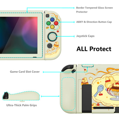 PlayVital ZealProtect ソフト TPU スリム保護ケース、強化ガラススクリーンプロテクター、サムグリップ、ABXY 方向ボタンキャップ付き NS Switch 用【プディングラビット】