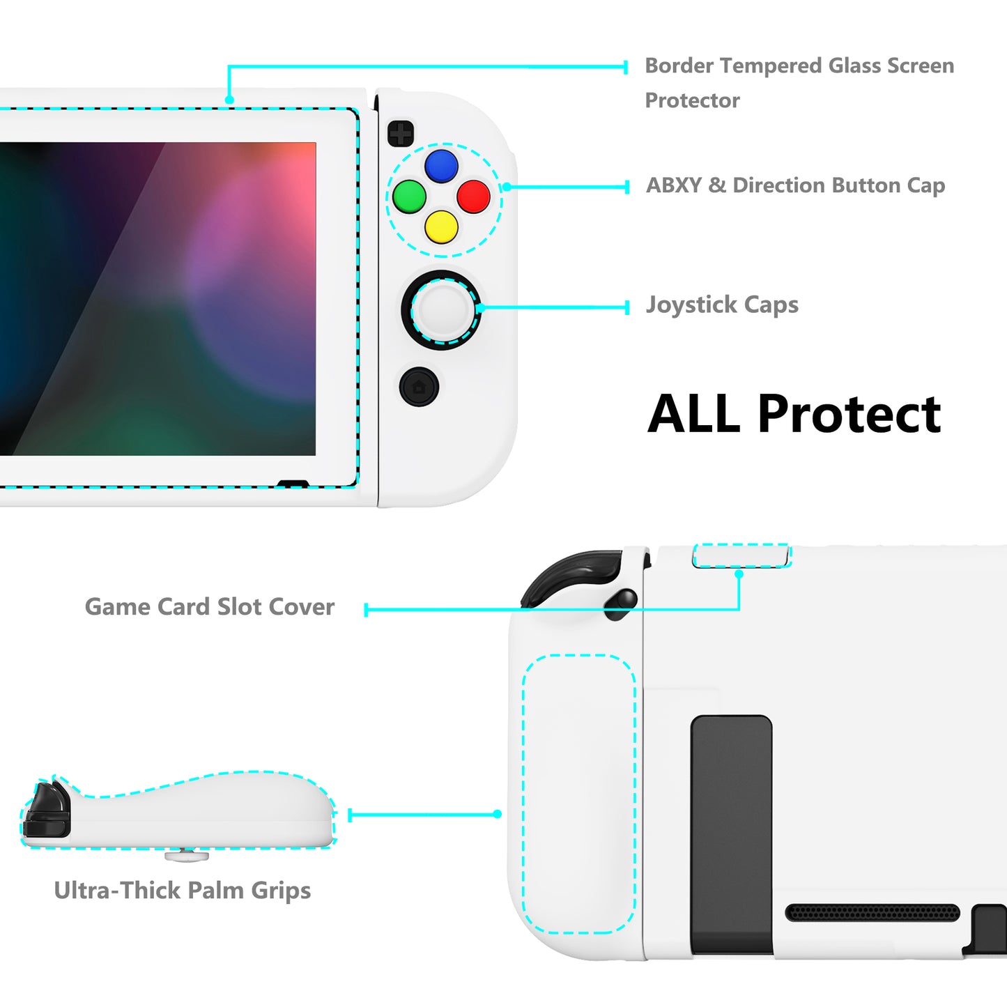 PlayVital ZealProtect ソフト TPU スリム保護ケース、強化ガラススクリーンプロテクター、サムグリップ、ABXY 方向ボタンキャップ付き NS Switch 用【ホワイト】