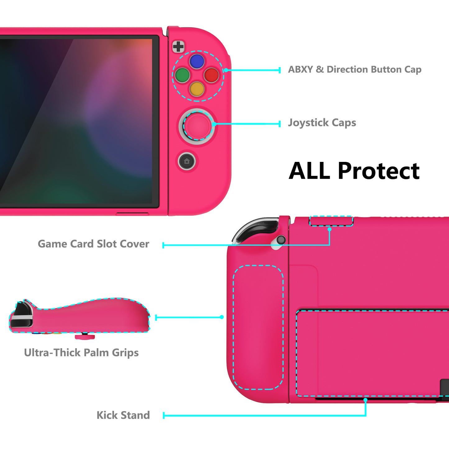 PlayVital ZealProtect ソフト TPU スリム保護ケース 親指グリップキャップと ABXY 方向ボタンキャップ付き Switch 有機el 用【濃いピンク 】