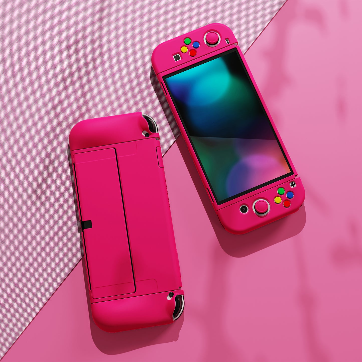 PlayVital ZealProtect ソフト TPU スリム保護ケース 親指グリップキャップと ABXY 方向ボタンキャップ付き Switch 有機el 用【濃いピンク 】