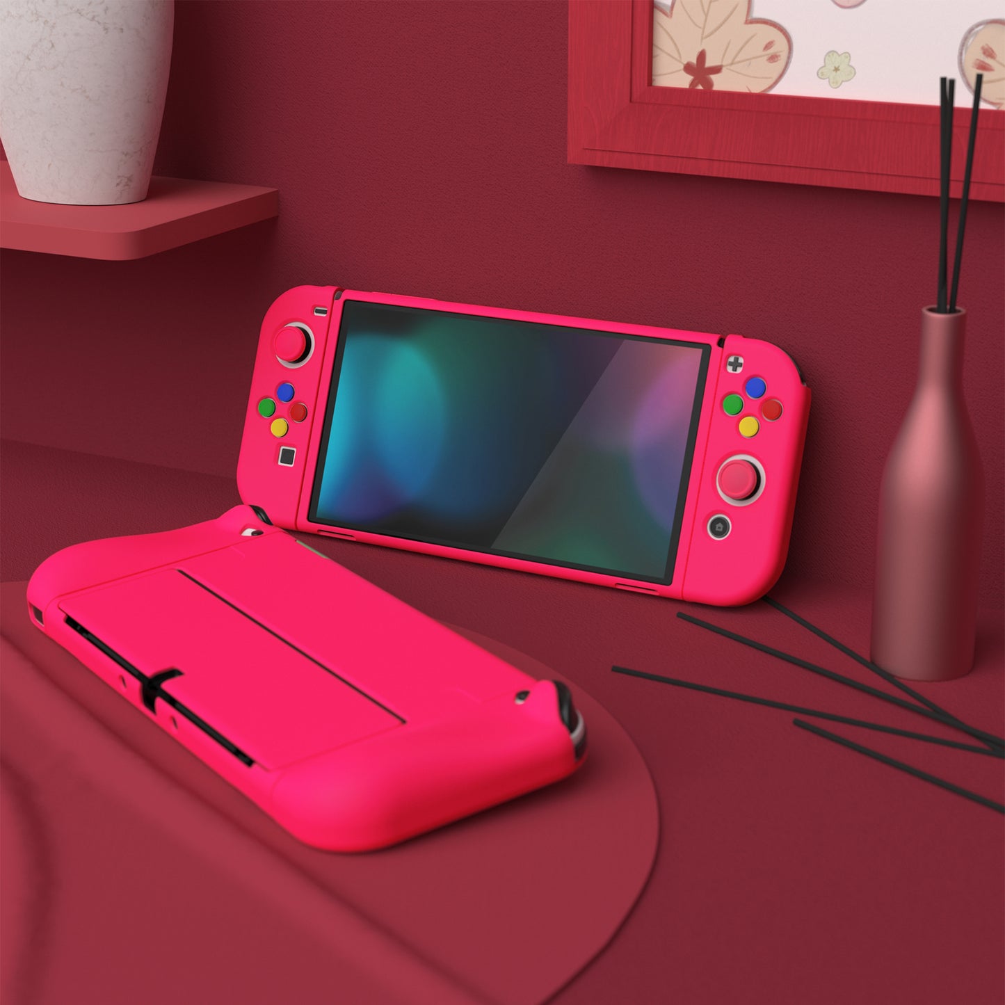 PlayVital ZealProtect ソフト TPU スリム保護ケース 親指グリップキャップと ABXY 方向ボタンキャップ付き Switch 有機el 用【濃いピンク 】