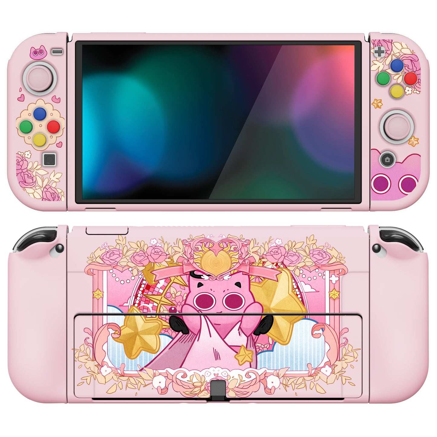 PlayVital ZealProtect ソフト TPU スリム保護ケース 親指グリップキャップと ABXY 方向ボタンキャップ付き Switch 有機el 用【PP & ピンク】