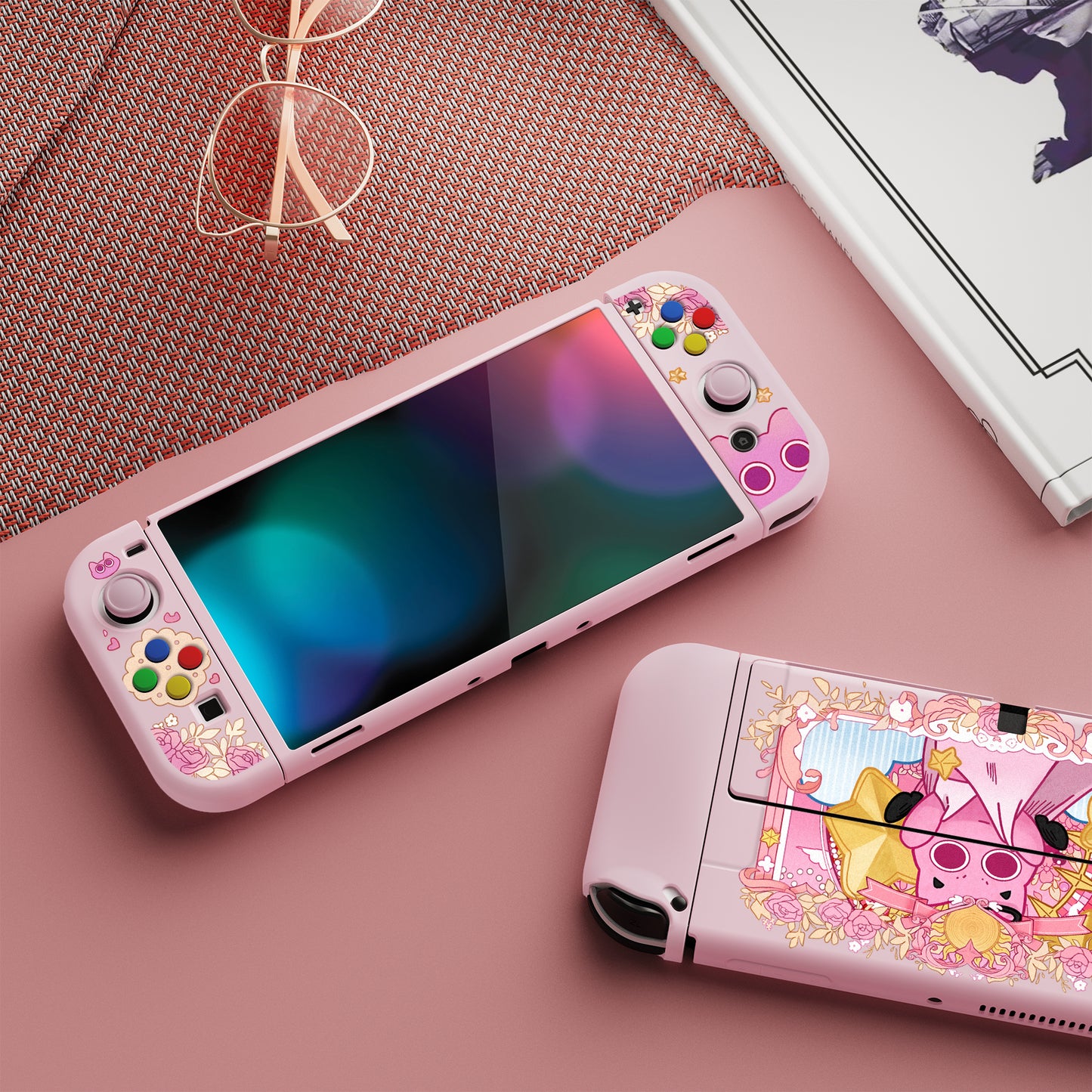 PlayVital ZealProtect ソフト TPU スリム保護ケース 親指グリップキャップと ABXY 方向ボタンキャップ付き Switch 有機el 用【PP & ピンク】