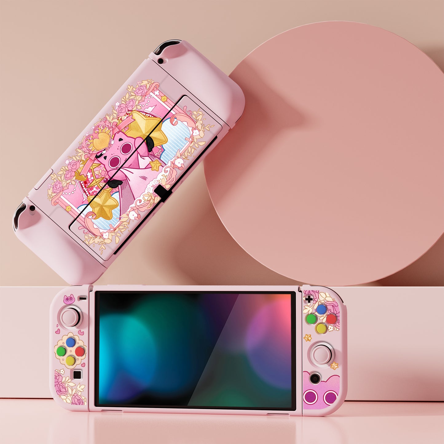 PlayVital ZealProtect ソフト TPU スリム保護ケース 親指グリップキャップと ABXY 方向ボタンキャップ付き Switch 有機el 用【PP & ピンク】