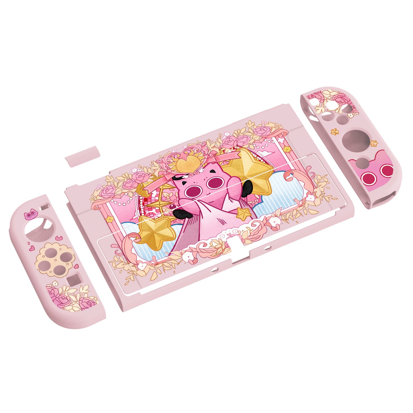 PlayVital ZealProtect ソフト TPU スリム保護ケース 親指グリップキャップと ABXY 方向ボタンキャップ付き Switch 有機el 用【PP & ピンク】