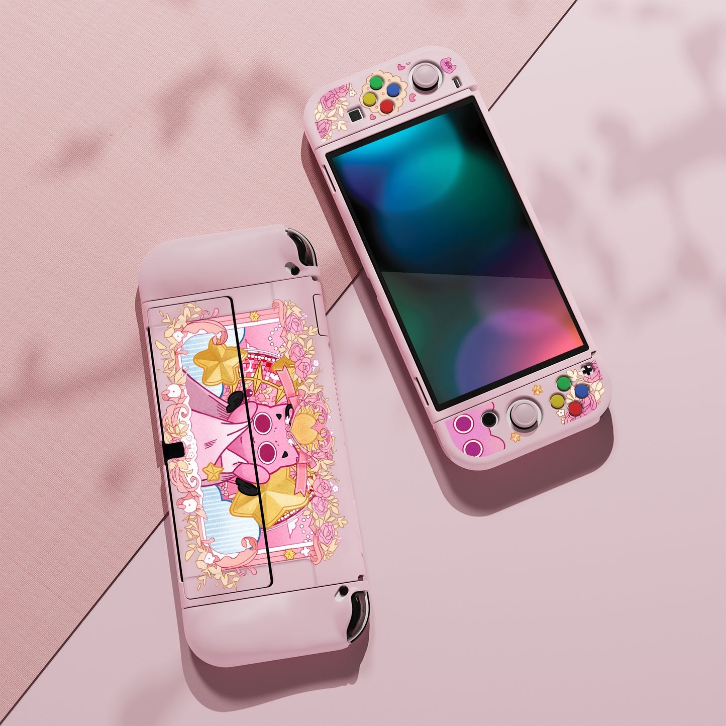 PlayVital ZealProtect ソフト TPU スリム保護ケース 親指グリップキャップと ABXY 方向ボタンキャップ付き Switch 有機el 用【PP & ピンク】