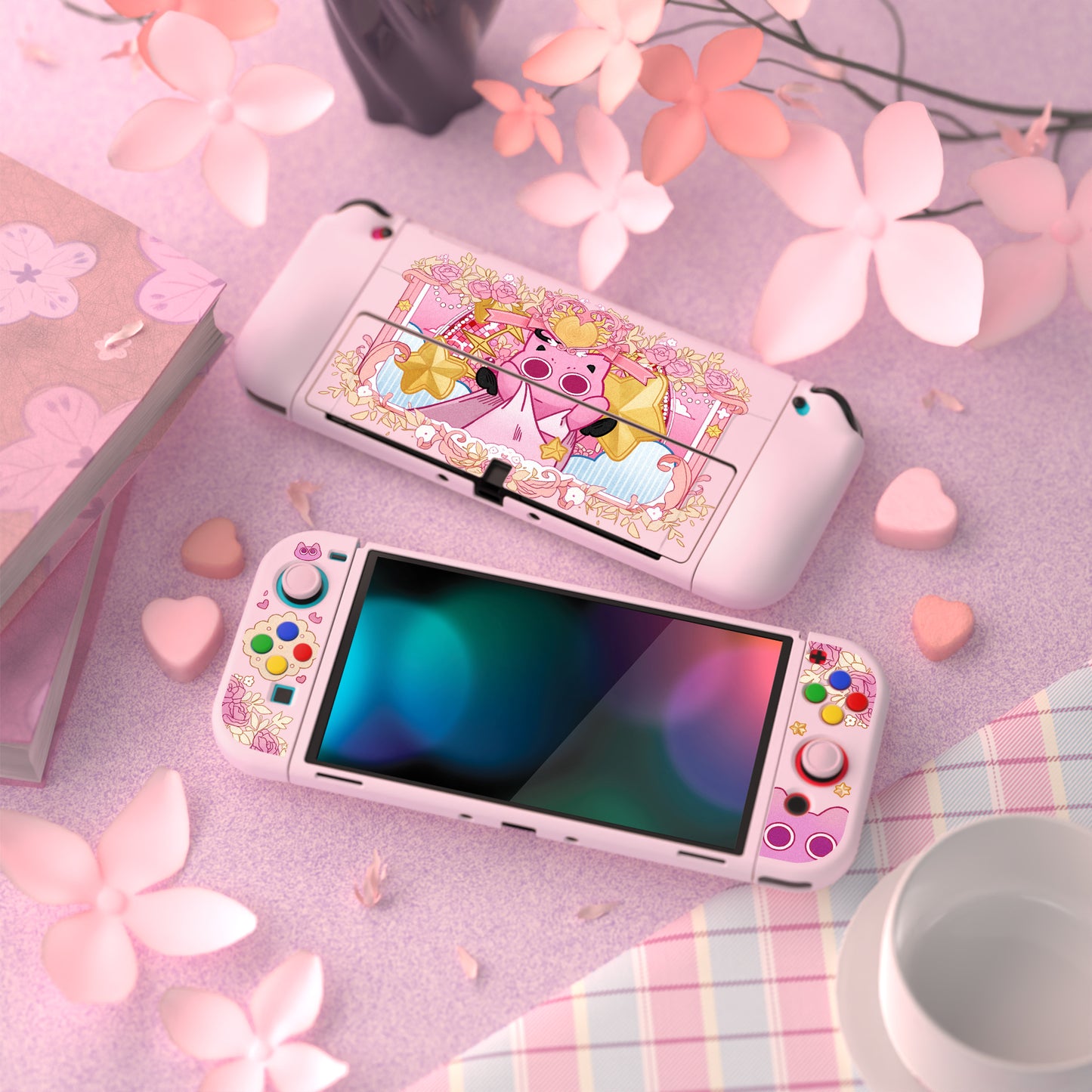 PlayVital ZealProtect ソフト TPU スリム保護ケース 親指グリップキャップと ABXY 方向ボタンキャップ付き Switch 有機el 用【PP & ピンク】