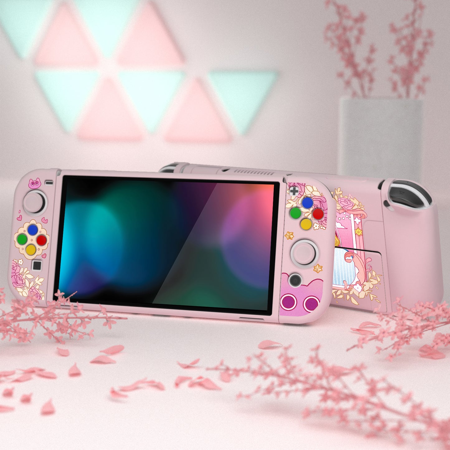 PlayVital ZealProtect ソフト TPU スリム保護ケース 親指グリップキャップと ABXY 方向ボタンキャップ付き Switch 有機el 用【PP & ピンク】