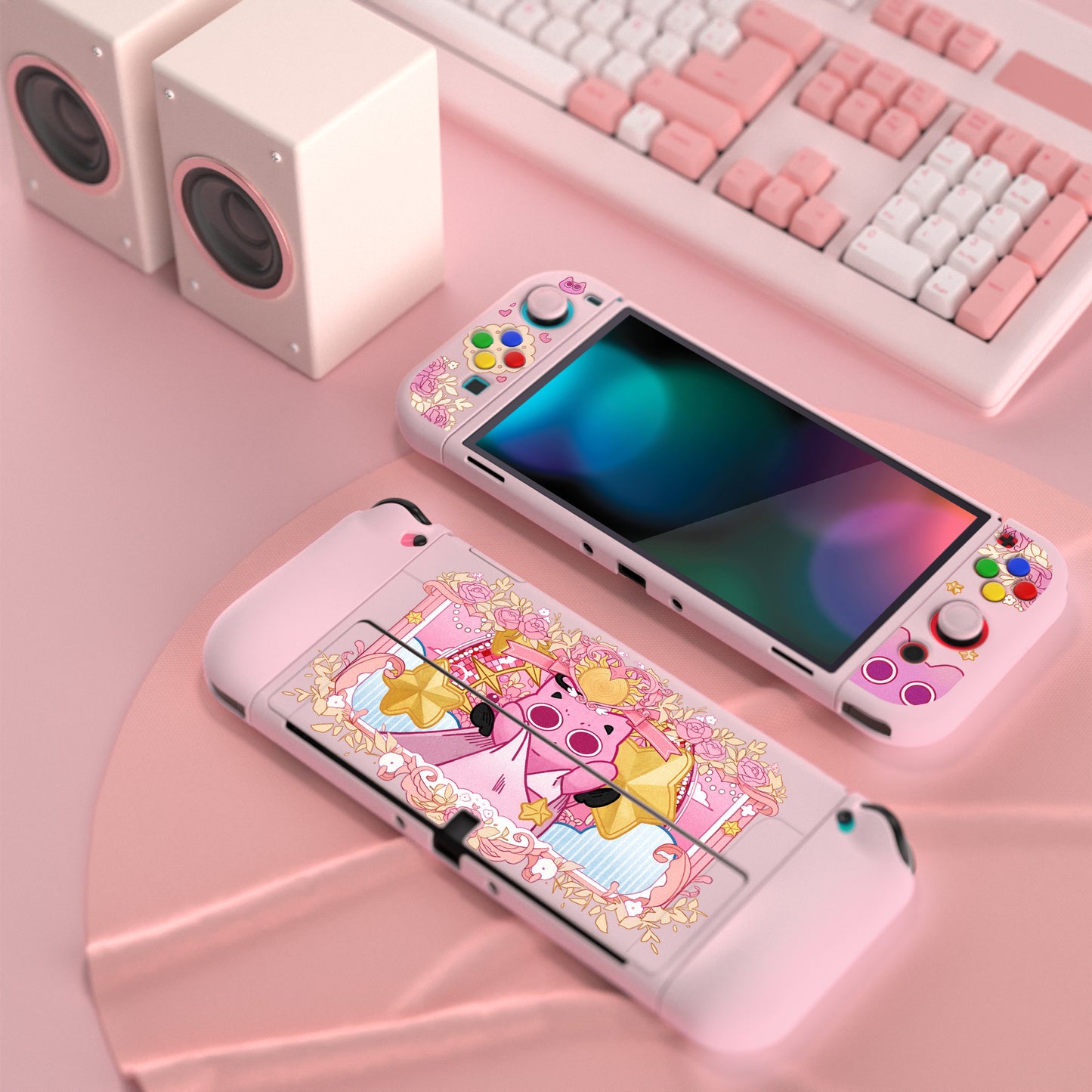 PlayVital ZealProtect ソフト TPU スリム保護ケース 親指グリップキャップと ABXY 方向ボタンキャップ付き Switch 有機el 用【PP & ピンク】