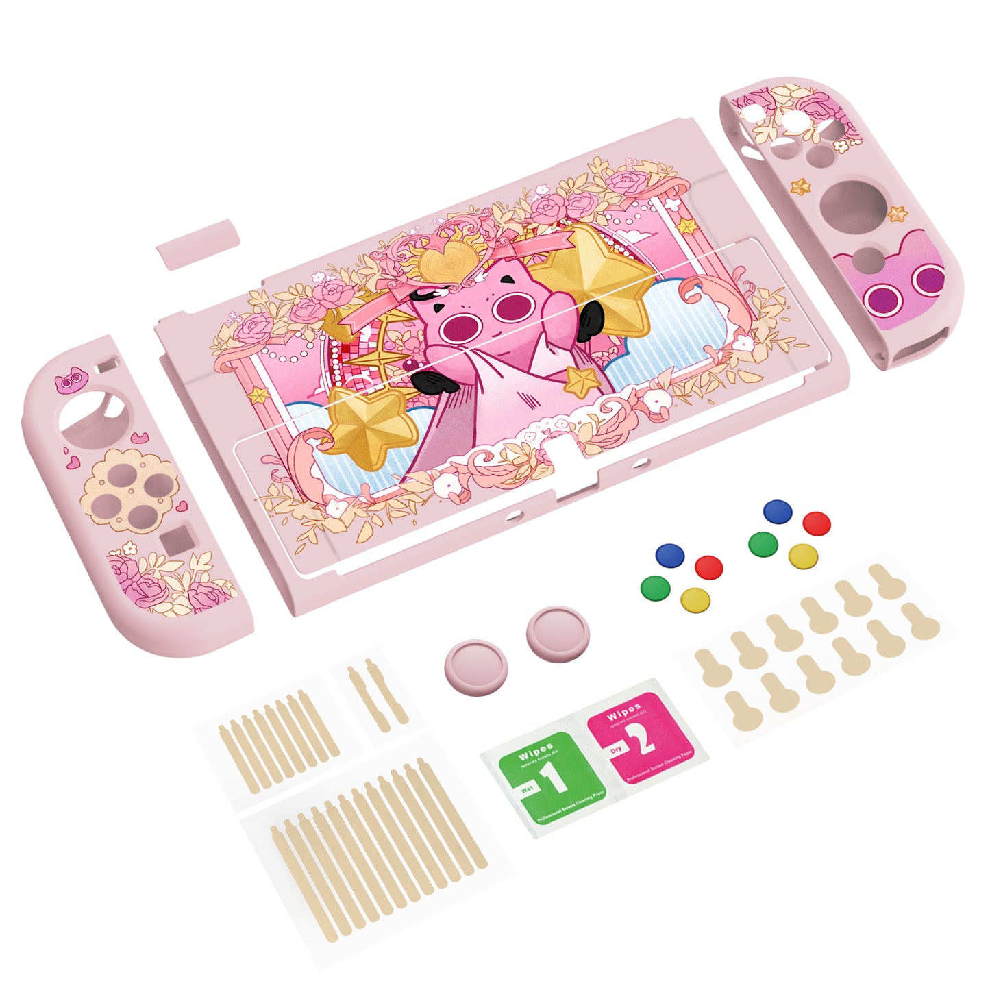 PlayVital ZealProtect ソフト TPU スリム保護ケース 親指グリップキャップと ABXY 方向ボタンキャップ付き Switch 有機el 用【PP & ピンク】